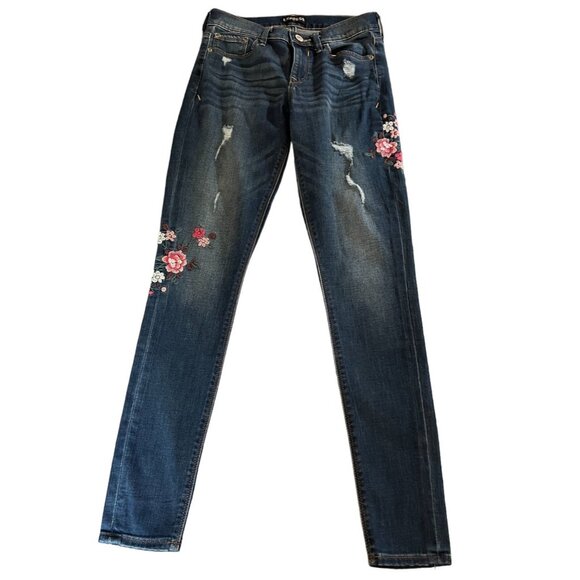 Express Womens Distressed Floral Embroidered Skinny Legging Jeans Size 0 Cotton - Picture 1 of 16